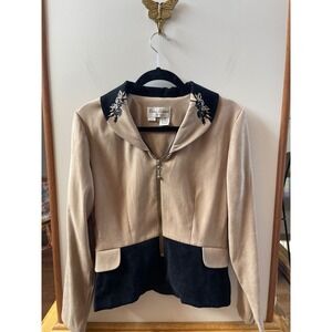 Betsy Lauren Jacket Womens 10P Tan Black Faux Suede Embroidered Zip